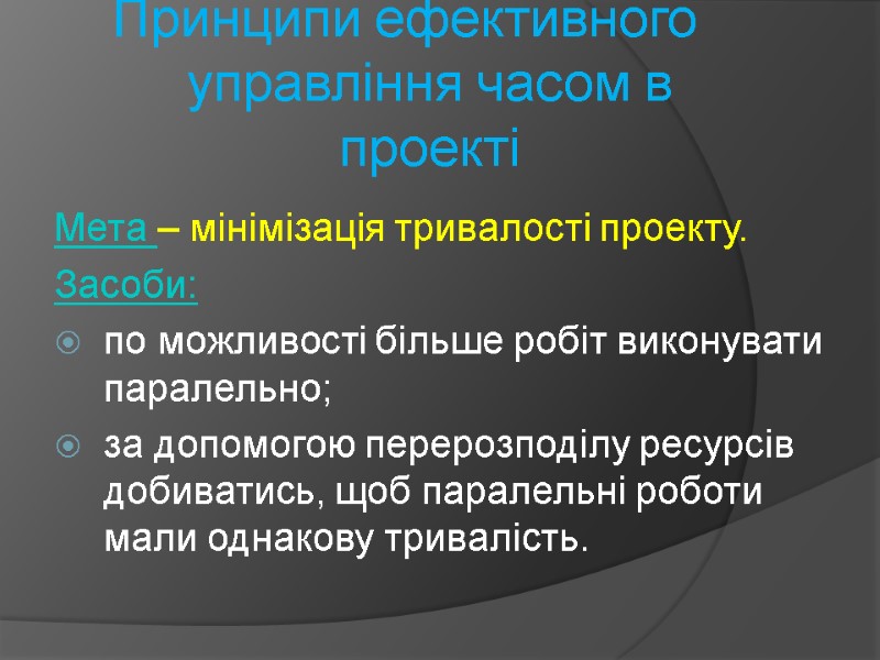 Принципи ефективного управління часом в проекті Мета – мінімізація тривалості проекту. Засоби: по можливості